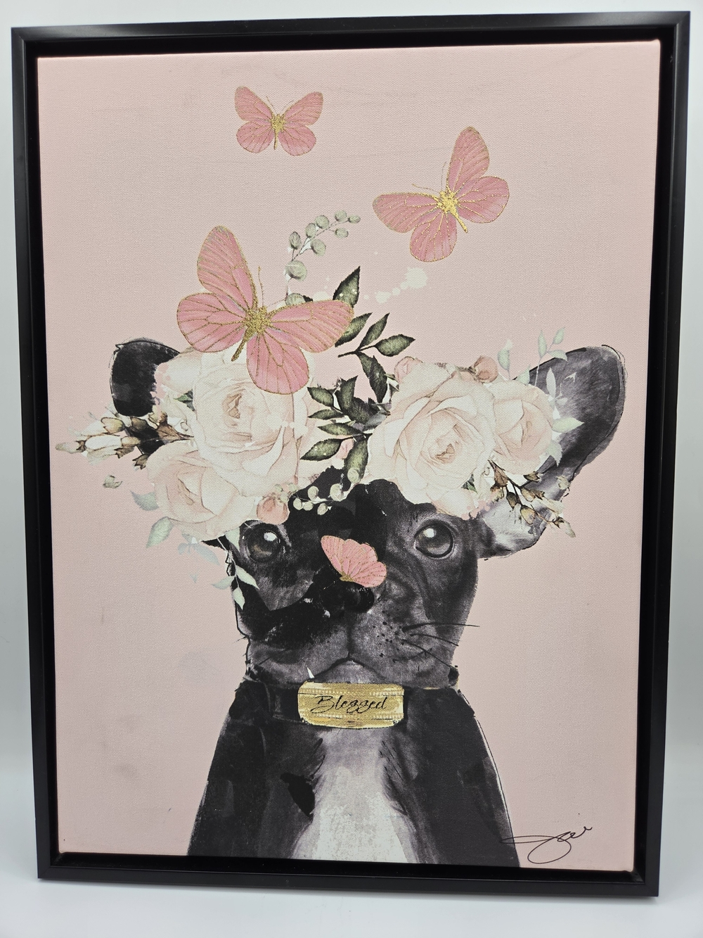 Pink Floral French Bulldog Wall Art Canvas